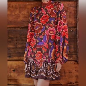 Farm Rio Brown Bright Flora Long Sleeve Mini Dress